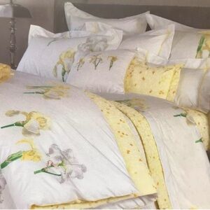 YVES DELORME 2 EURO SHAMS SOLSTICE FLORAL IRIS YELLOW WHITE COTTON FRANCE